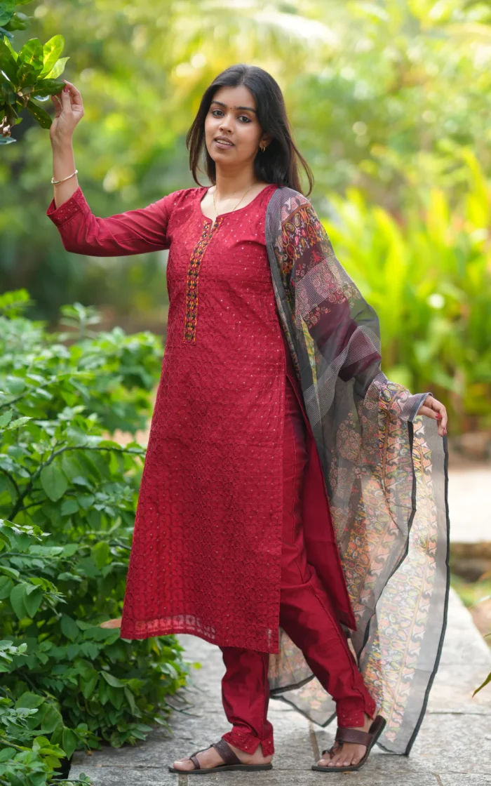 Bhavya Maroon (Kurti+Pant+Dupatta) - Image 1